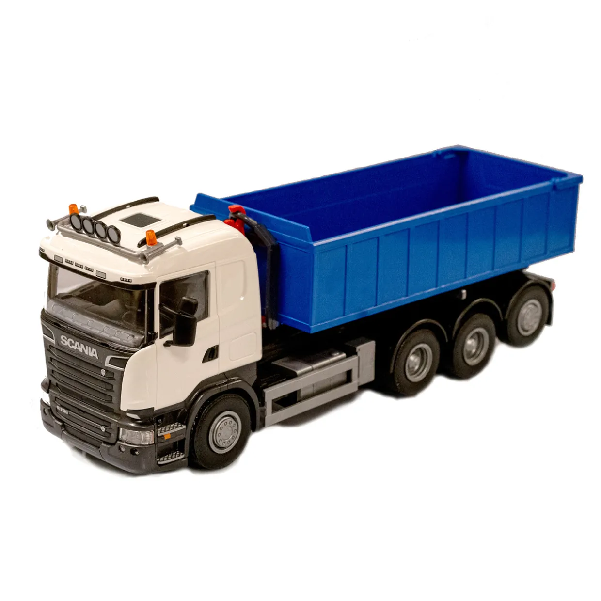 EMEK LEKSAKSBIL LASTBIL MED LYFTKROK SCANIA VIT 1:25